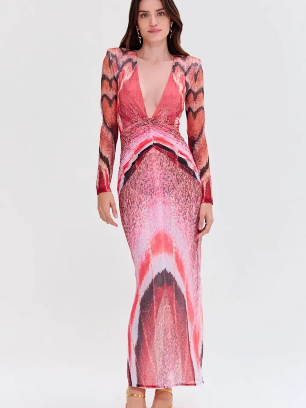 PatBO Pink and Coral Plunge-Neck Long Sleeve Maxi Dress